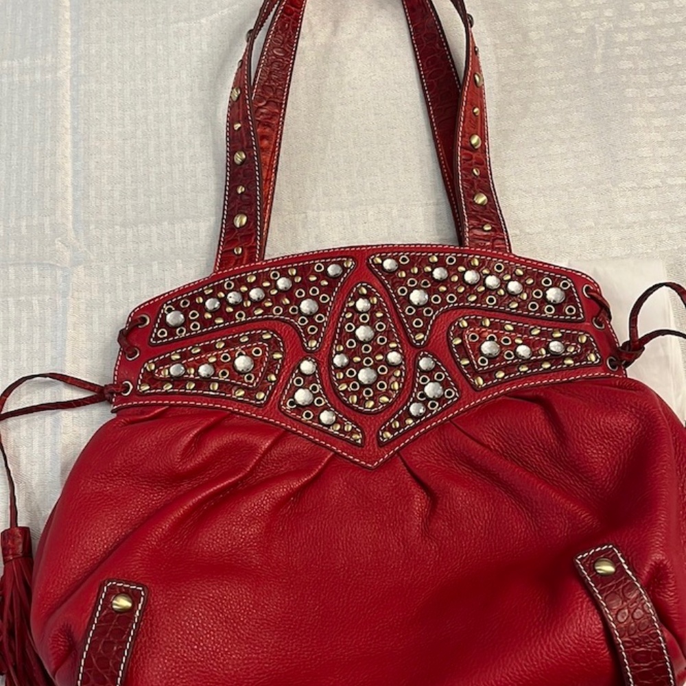 Sharif Studio Red Pebbled Handbag with Rhinestones, Used Once.